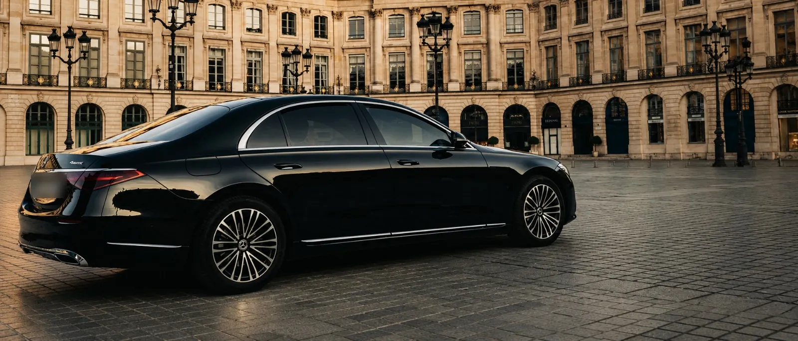 Mercedes Classe S noire place Vendôme à Paris, au crépuscule
