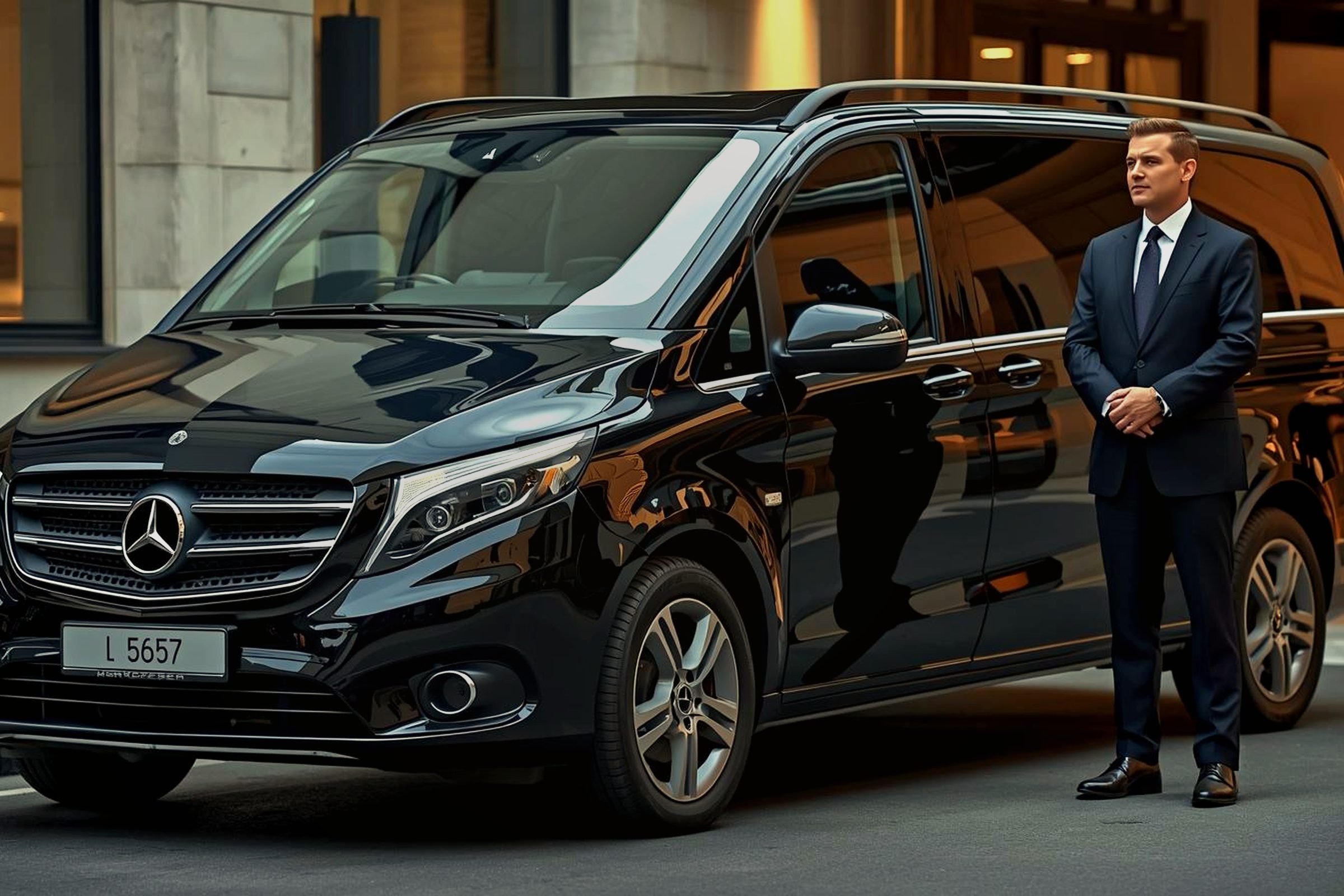 Chauffeur priv&eacute; Precellence en costume noir attendant devant Mercedes V-Class noire — service transfert a&eacute;roport Paris
