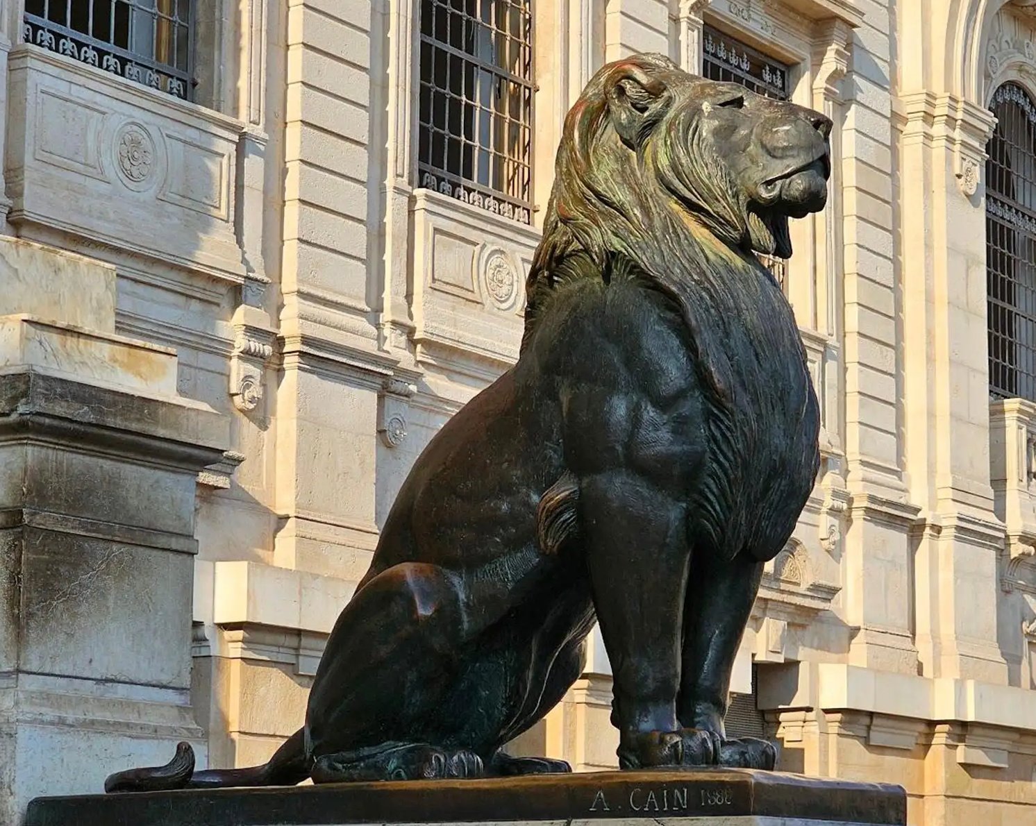 Bronze lion in front of Haussmann building Paris